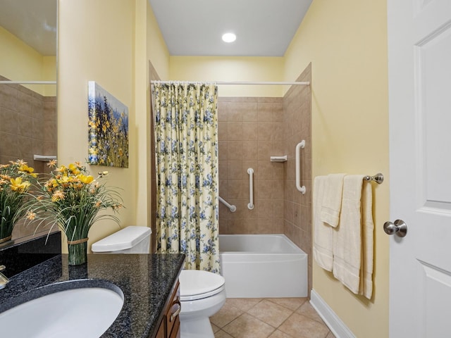 full bathroom with vanity, shower / tub combo with curtain, tile patterned floors, and toilet