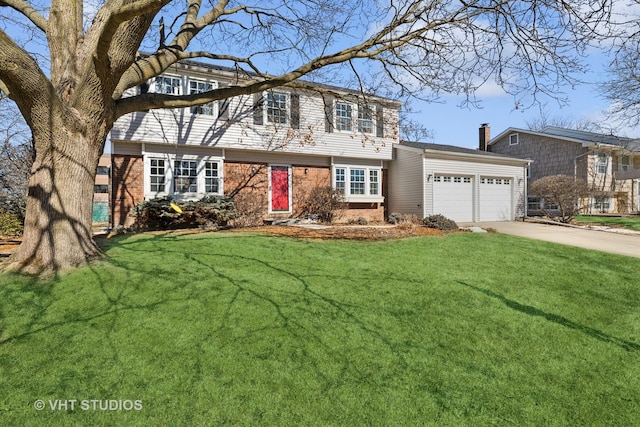 view of front of house featuring a garage, driveway, a front lawn, and brick siding