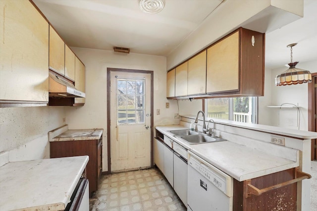 kitchen with pendant lighting, plenty of natural light, dishwasher, and sink