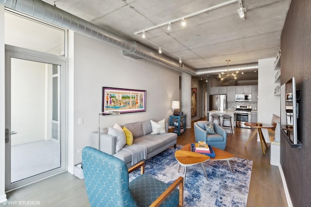 living room featuring track lighting and light hardwood / wood-style floors