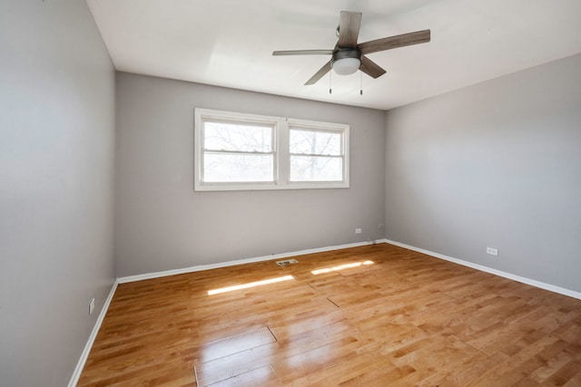 empty room with ceiling fan and light hardwood / wood-style floors