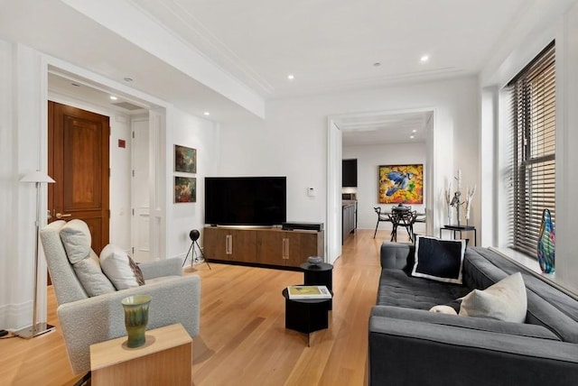 living room featuring crown molding and light wood-type flooring