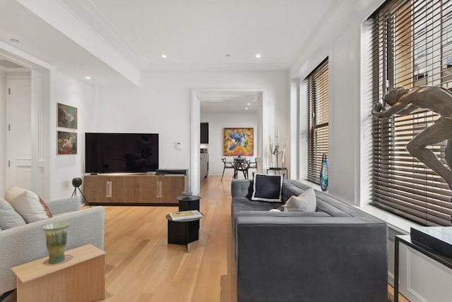 living room featuring ornamental molding and light hardwood / wood-style floors