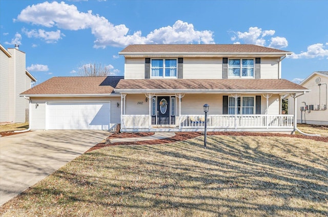 view of front of home featuring covered porch, driveway, a front lawn, and an attached garage