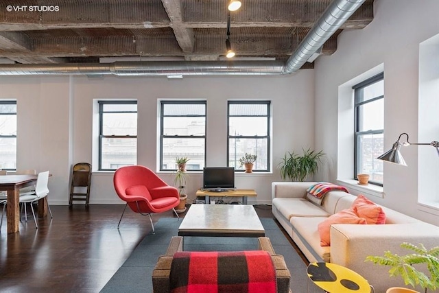 living room with dark hardwood / wood-style floors