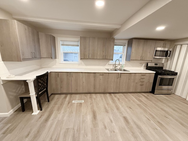 kitchen with sink, light hardwood / wood-style floors, kitchen peninsula, and appliances with stainless steel finishes