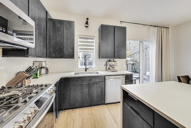 kitchen featuring tasteful backsplash, sink, stainless steel appliances, and light hardwood / wood-style floors