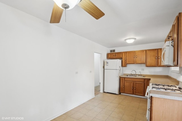 kitchen featuring ceiling fan, white appliances, and sink