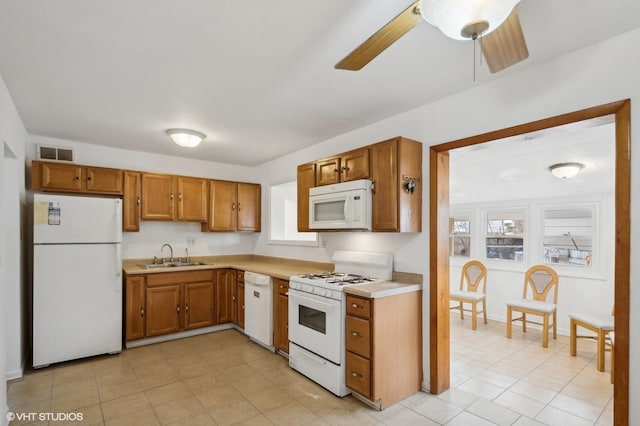 kitchen with ceiling fan, sink, and white appliances