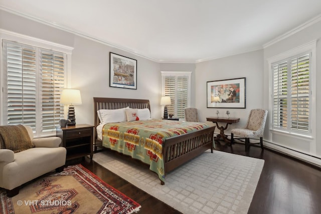 bedroom with crown molding and dark wood-type flooring