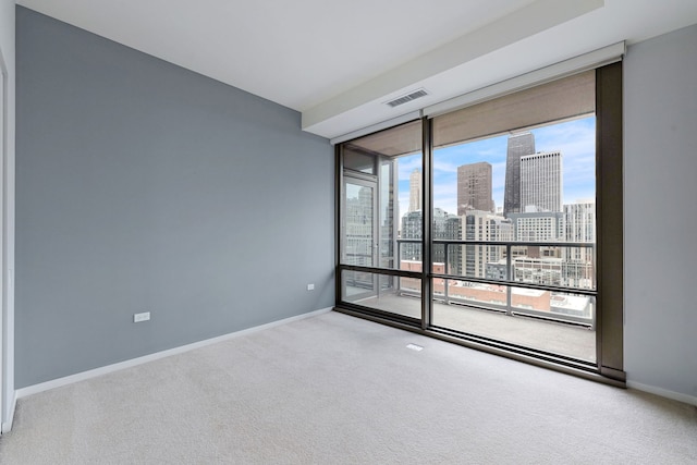 spare room featuring carpet, floor to ceiling windows, a city view, and baseboards