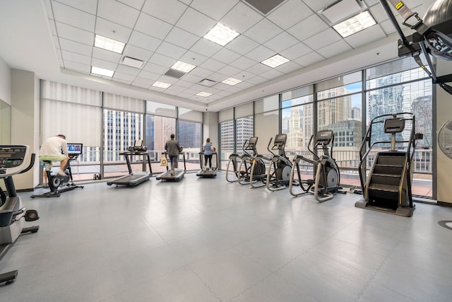 exercise room featuring a view of city, a paneled ceiling, and a wealth of natural light