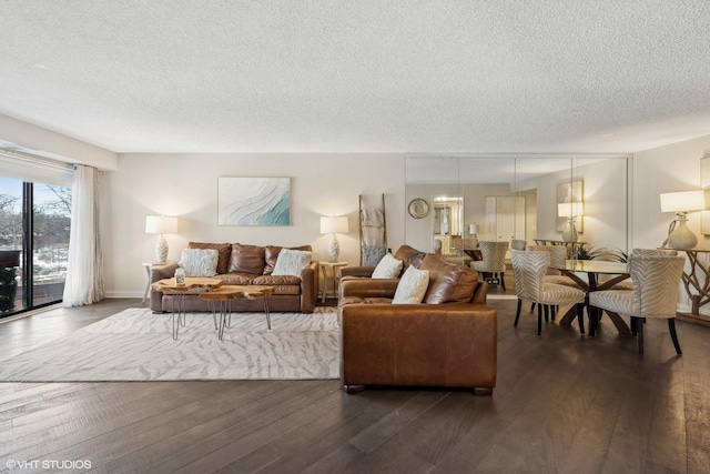 living room with dark wood-type flooring and a textured ceiling