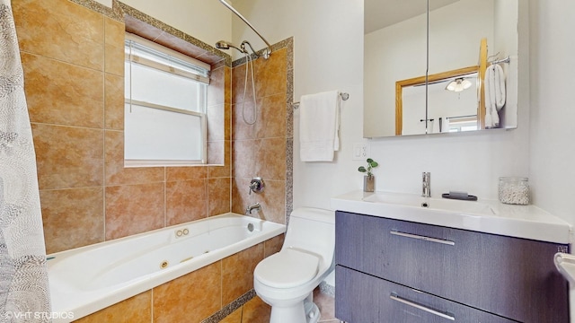 full bathroom with bathing tub / shower combination, vanity, and toilet