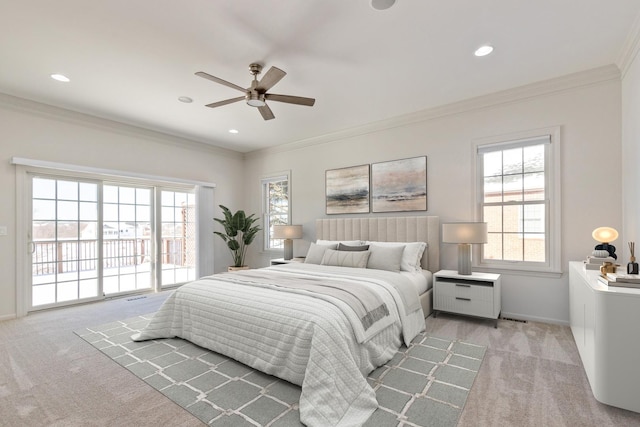 bedroom with carpet floors, access to outside, crown molding, and baseboards