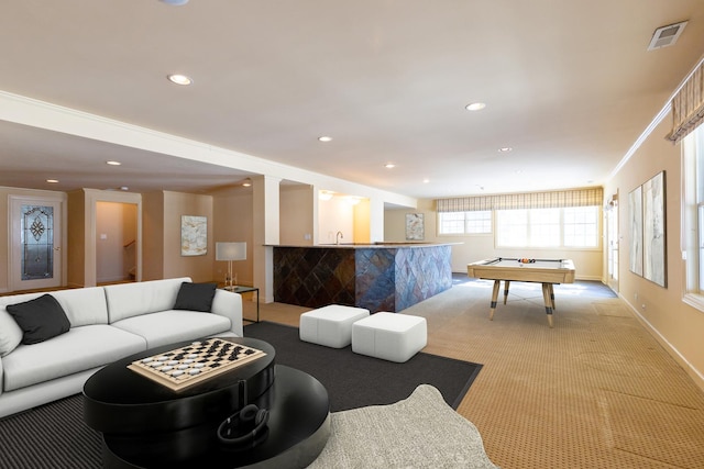 playroom with light carpet, wet bar, baseboards, and recessed lighting