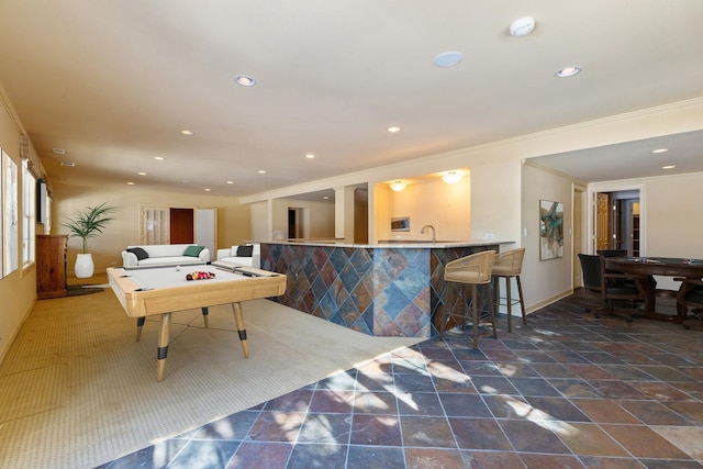 recreation room with baseboards, recessed lighting, billiards, and crown molding