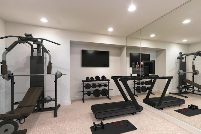 workout room with recessed lighting, carpet, and baseboards