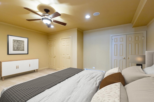 bedroom with a baseboard radiator, light colored carpet, ornamental molding, a ceiling fan, and baseboards