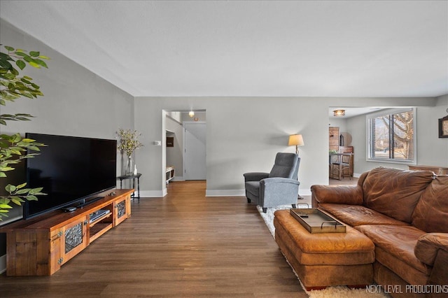 living room featuring dark wood-type flooring