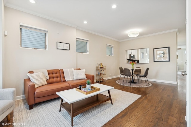 living room featuring ornamental molding and dark hardwood / wood-style floors