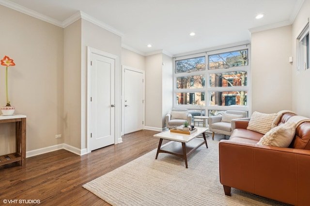 living area featuring dark hardwood / wood-style flooring and crown molding