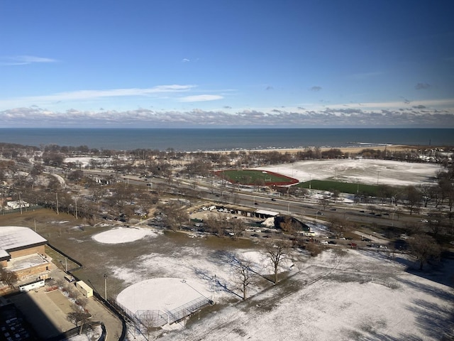 drone / aerial view with a water view