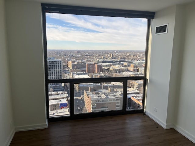 unfurnished room featuring expansive windows and dark hardwood / wood-style floors