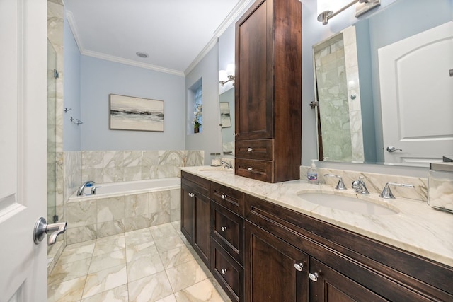 bathroom featuring crown molding, vanity, and plus walk in shower