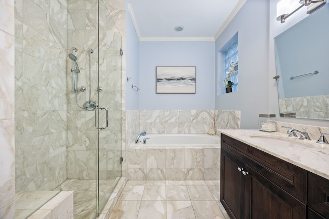 bathroom featuring crown molding, separate shower and tub, and vanity