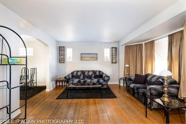 living room with hardwood / wood-style floors and a healthy amount of sunlight