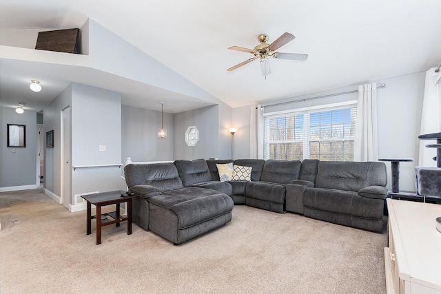 6402 N Shore Ave, Spring Grove, IL 60081 - living area with light carpet, vaulted ceiling, ceiling fan, and baseboards