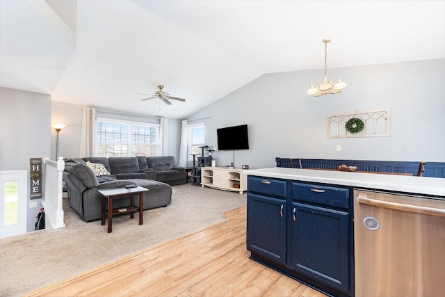 6402 N Shore Ave, Spring Grove, IL 60081 - kitchen featuring stainless steel dishwasher, blue cabinets, light wood-style floors, lofted ceiling, and ceiling fan