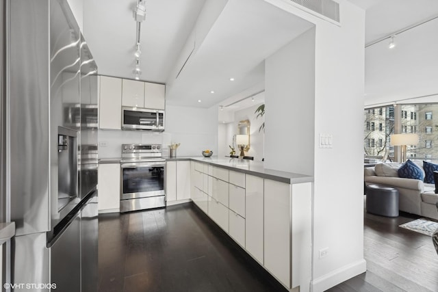 kitchen with white cabinets, modern cabinets, open floor plan, dark wood-type flooring, and stainless steel appliances