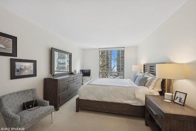 bedroom featuring light carpet