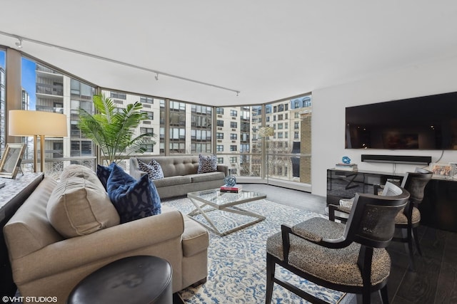 living area featuring expansive windows, rail lighting, and wood finished floors