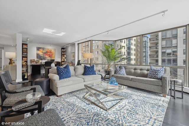 living room featuring a wall of windows, wood finished floors, and rail lighting