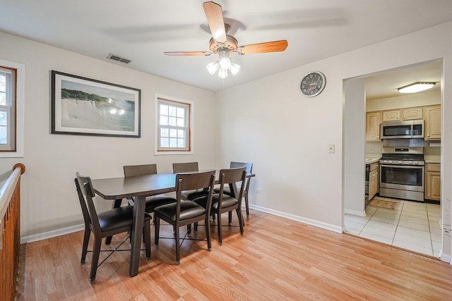 dining room featuring ceiling fan and light hardwood / wood-style floors