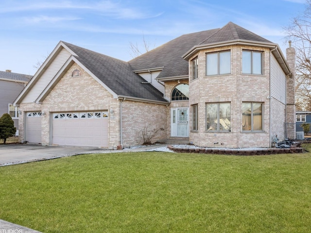 traditional-style house with a garage, a front yard, concrete driveway, and brick siding