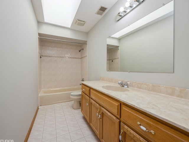 bathroom with toilet, a skylight, vanity, and visible vents