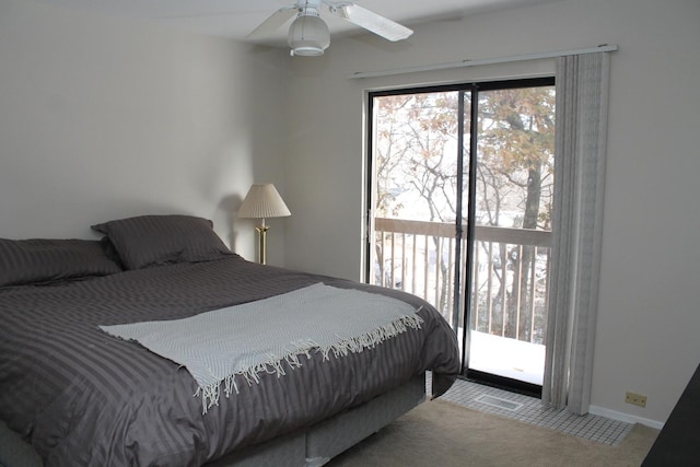 bedroom featuring light carpet, access to outside, and ceiling fan