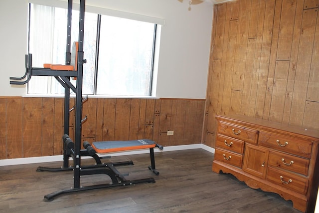 workout room with dark hardwood / wood-style flooring and wood walls