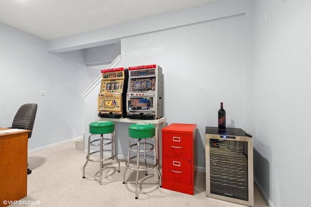 bar with light colored carpet and beverage cooler