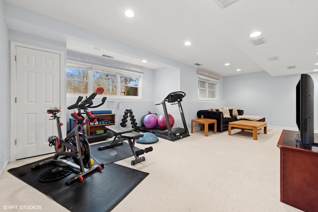 workout area featuring carpet flooring