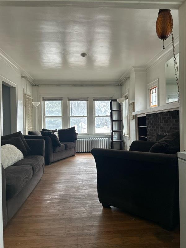 living room featuring ornamental molding, radiator, hardwood / wood-style floors, and a healthy amount of sunlight