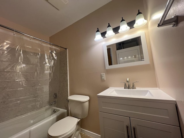 full bathroom with shower / tub combo, vanity, and toilet