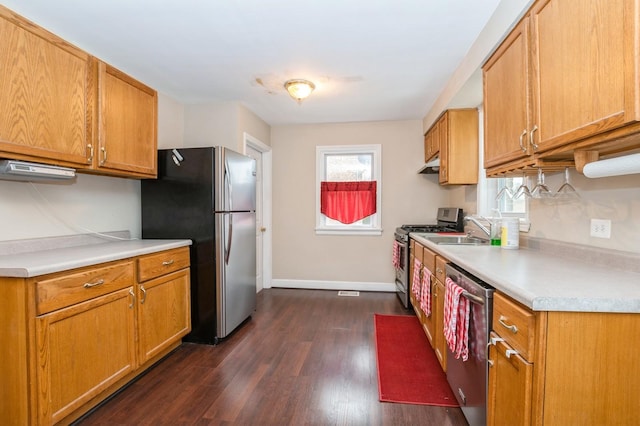 kitchen with sink, dark hardwood / wood-style floors, and stainless steel appliances