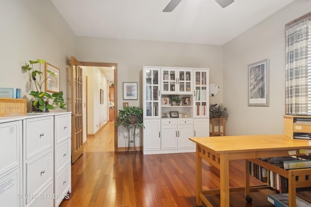 office space featuring ceiling fan and wood-type flooring