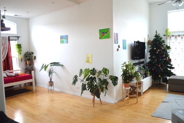 interior space featuring a wealth of natural light, a ceiling fan, wood finished floors, and baseboards