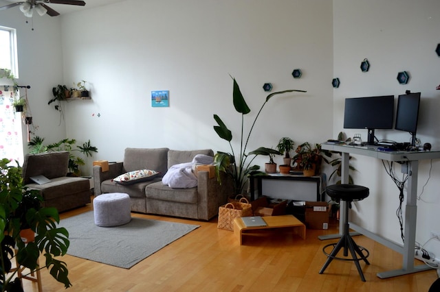 living room featuring ceiling fan and wood finished floors